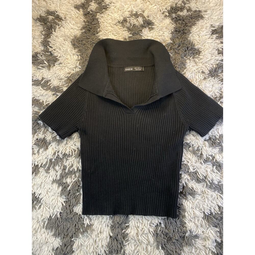 SHEIN Knit Black Ribbed Pullover Sweater Collared Neck Short Sleeve Women's M